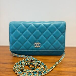 Chanel Lambskin Quilted Wallet on Chain WOC in Turquoise